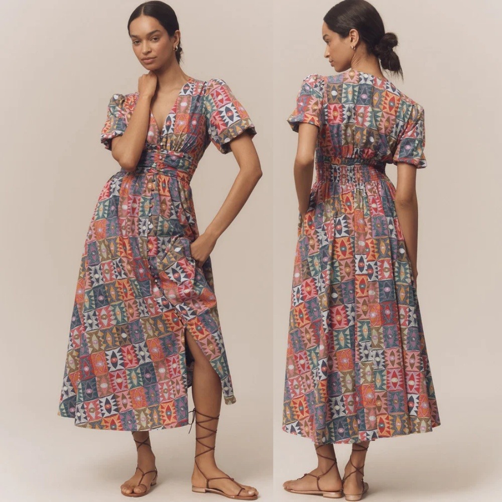 Anthropologie The Katerina Button-Front Dress Medium Nancy McKie Print